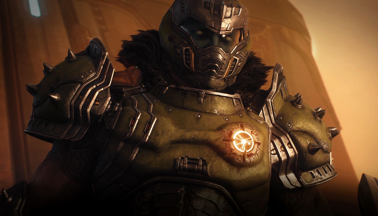 The DOOM Slayers stares into the distance with his armor's light pulsing with orange arcs of energy.