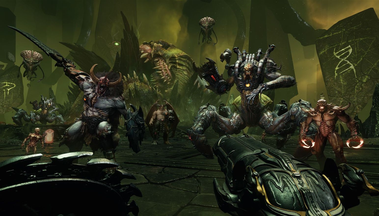 Image of DOOM: The Dark Ages from the Ripatorium with an army of demons stranding in front of the DOOM Slayer.