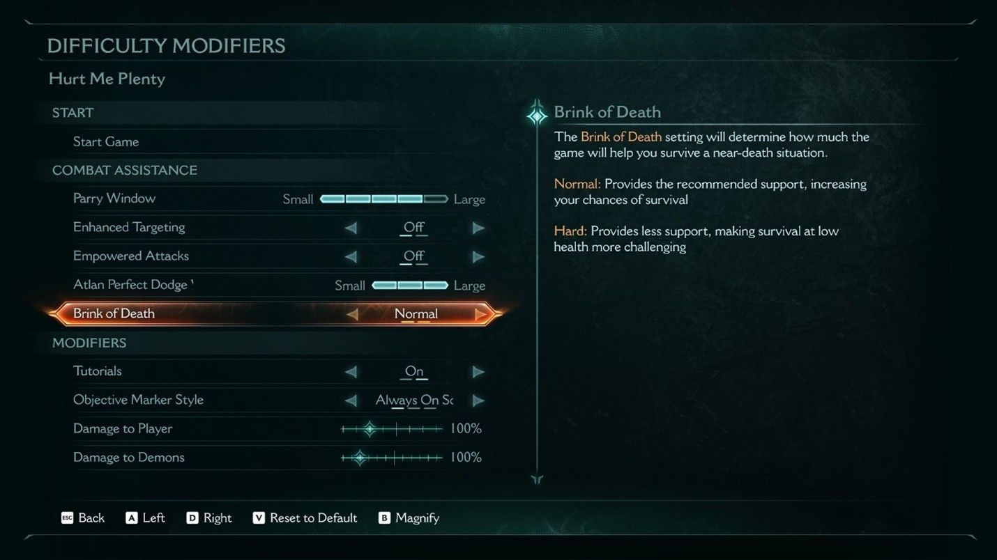 Screenshot from DOOM: The Dark Ages showing the Difficulty Modifiers menu.
