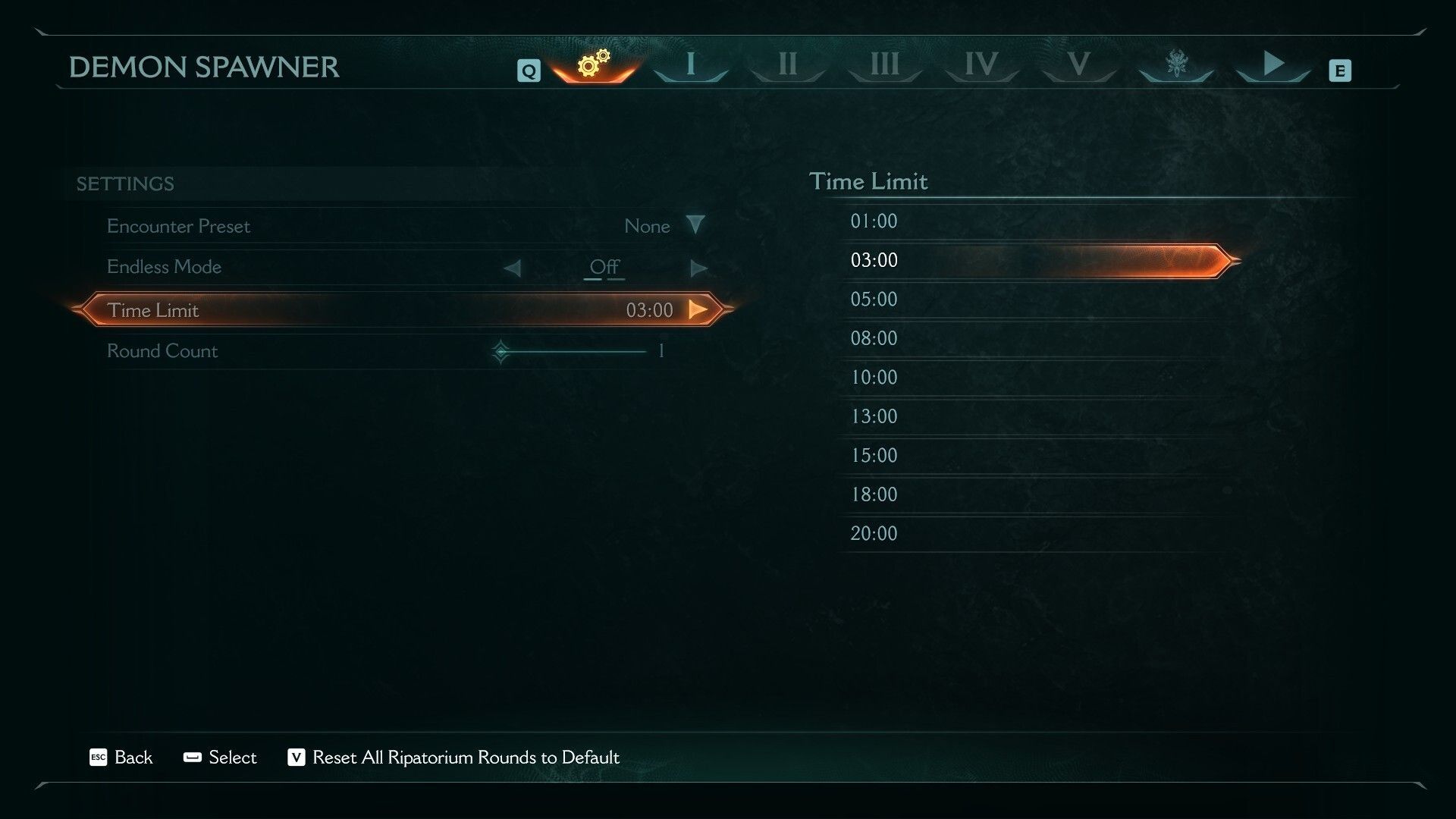 Screenshot from DOOM: The Dark Ages showing the Time Limit Options menu.