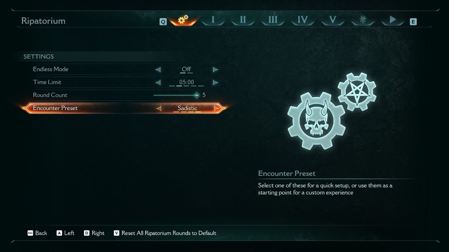 Screenshot from DOOM: The Dark Ages showing the Encounter Preset menu.