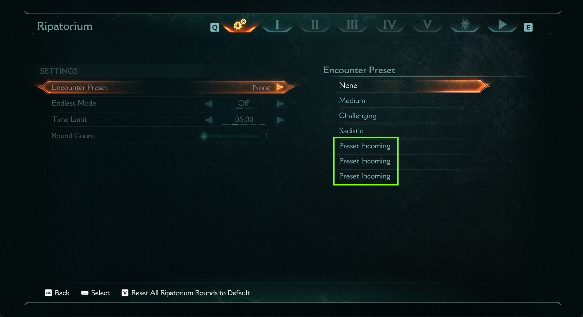 Screenshot from DOOM: The Dark Ages showing the Encounters Presets menu.