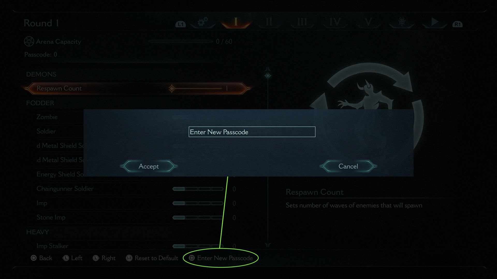 Screenshot from DOOM: The Dark Ages showing the Enter New Passcode menu.