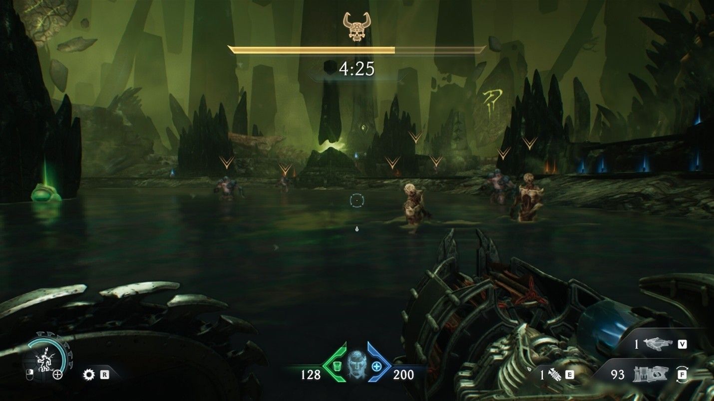 Screenshot from DOOM: The Dark Ages Ripatorium showcasing the newly added Enemy AI UI icons their heads.