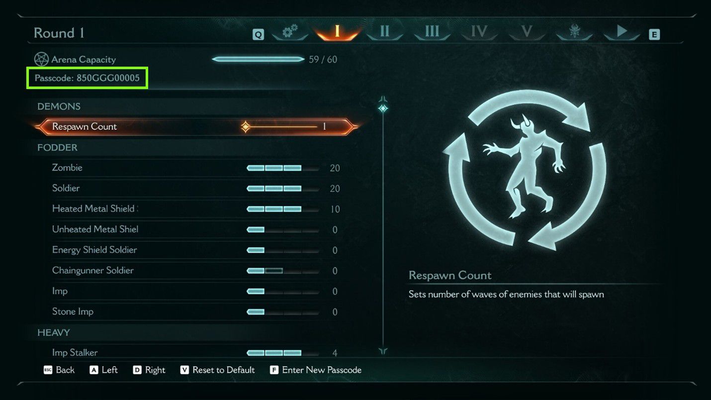 Screenshot from DOOM: The Dark Ages showing the Round 1 unique Passcode menu.