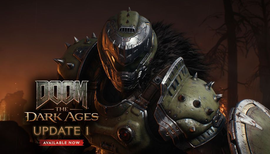 Image of the DOOM Slayer standing proudly with the DOOM: The Dark Ages logos over top of gold text, "Update 1" followed by white text in a red box, "Available Now".