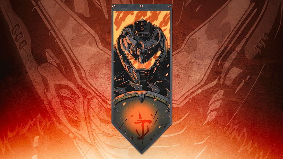 Polyester wall banner featuring the DOOM Slayer in a blazing orange environment.