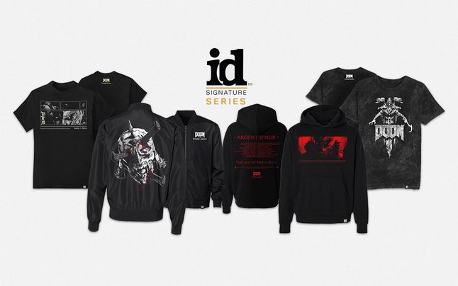 A row of hoodies and t-shirts from Wave1 of the id Signature Series, featuring designs from DOOM: The Dark Ages.