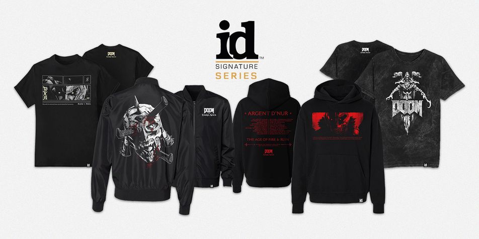 A row of hoodies and t-shirts from Wave1 of the id Signature Series, featuring designs from DOOM: The Dark Ages.