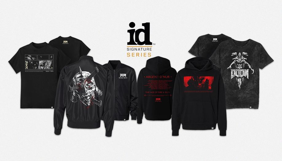 A row of hoodies and t-shirts from Wave1 of the id Signature Series, featuring designs from DOOM: The Dark Ages.