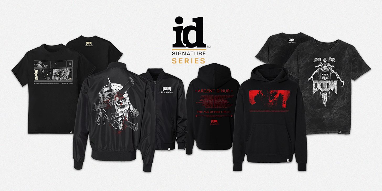 A row of hoodies and t-shirts from Wave1 of the id Signature Series, featuring designs from DOOM: The Dark Ages.