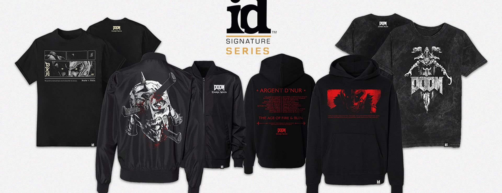 A row of hoodies and t-shirts from Wave1 of the id Signature Series, featuring designs from DOOM: The Dark Ages.