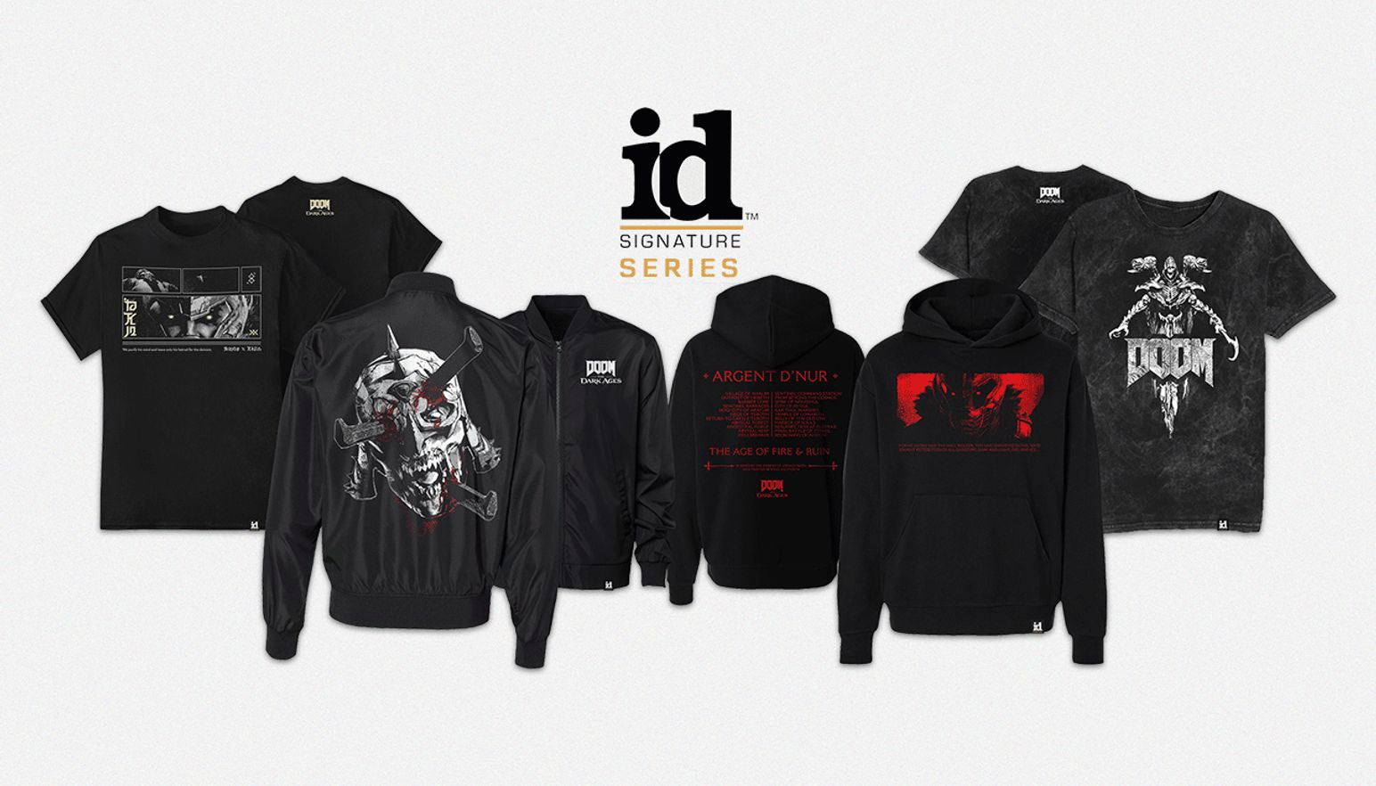 A row of hoodies and t-shirts from Wave1 of the id Signature Series, featuring designs from DOOM: The Dark Ages.