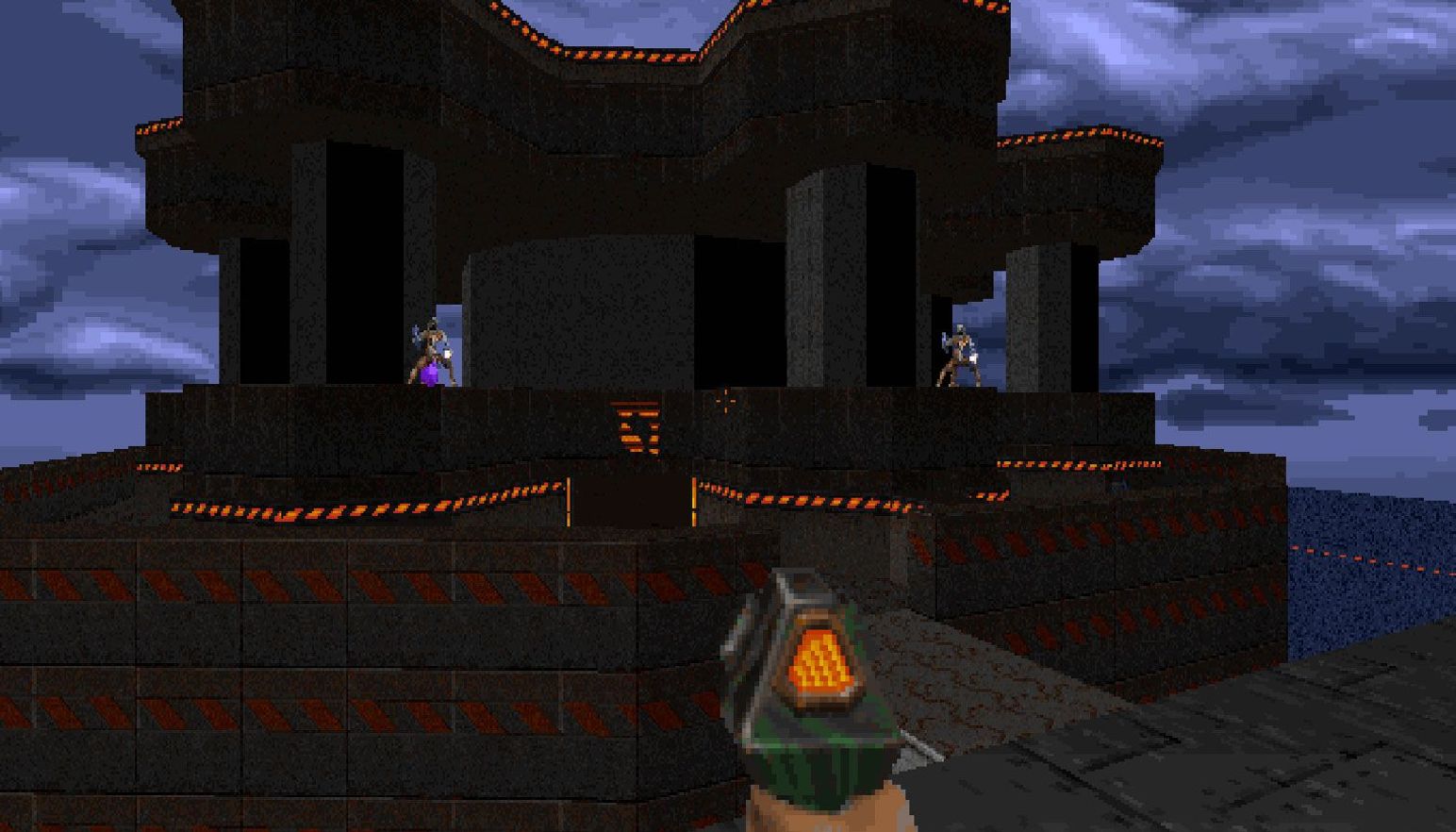 The player encounters enemies under a clouded skybox