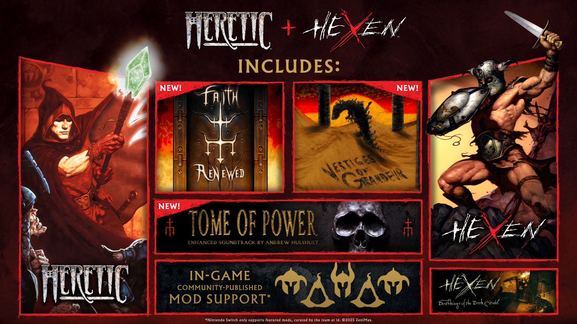 Image of the many features included in Heretic + Hexen listed out.