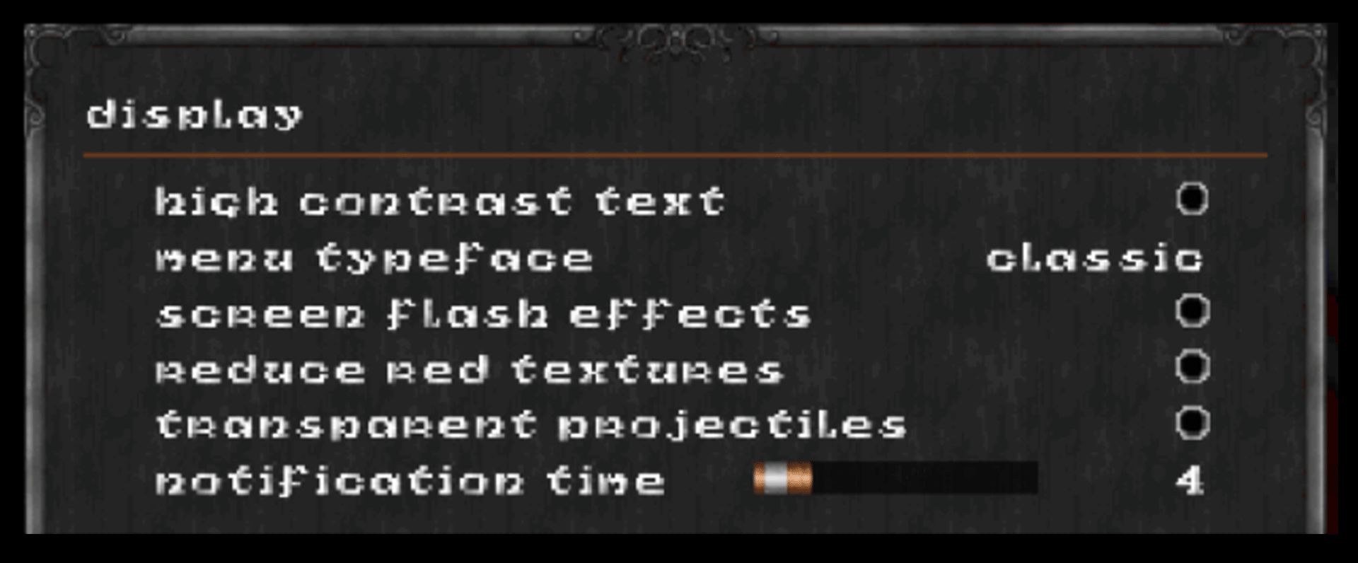 A list of Accessibility options with less stark contrast between text and background.