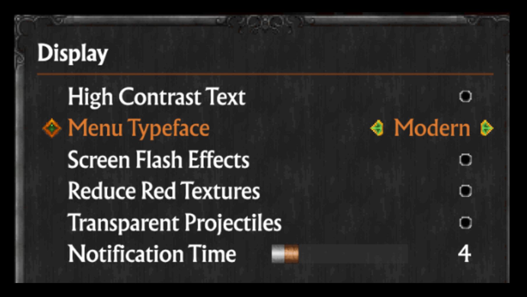 In-game menu with text altered to a Modern font from its original pixelated typeface.