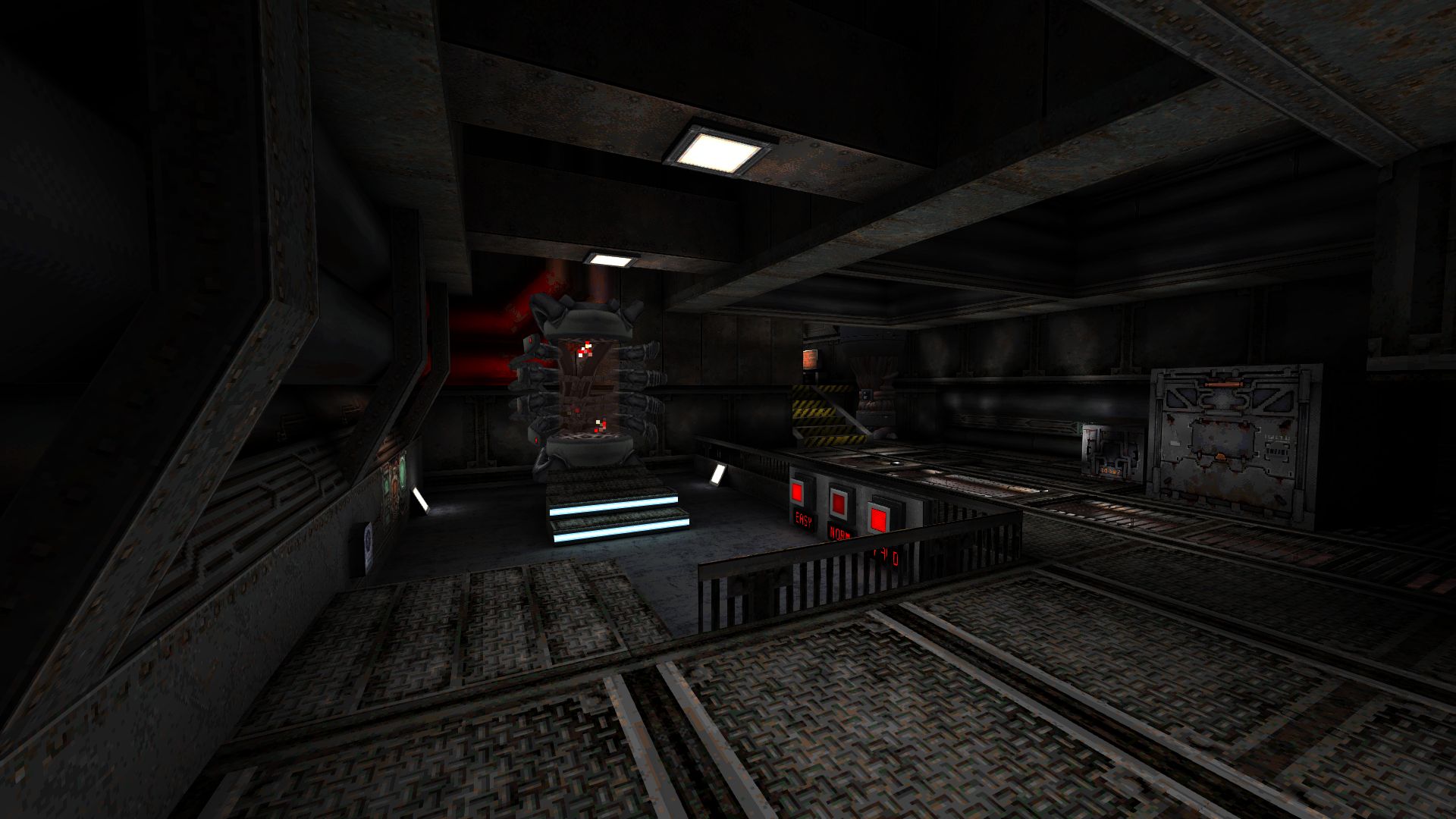 The inside of a dark metal room.