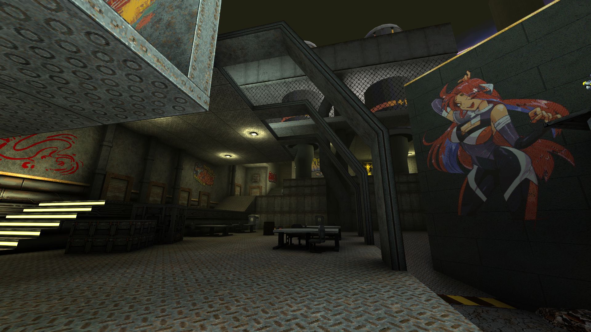 A metal lounge room with graffitied walls.