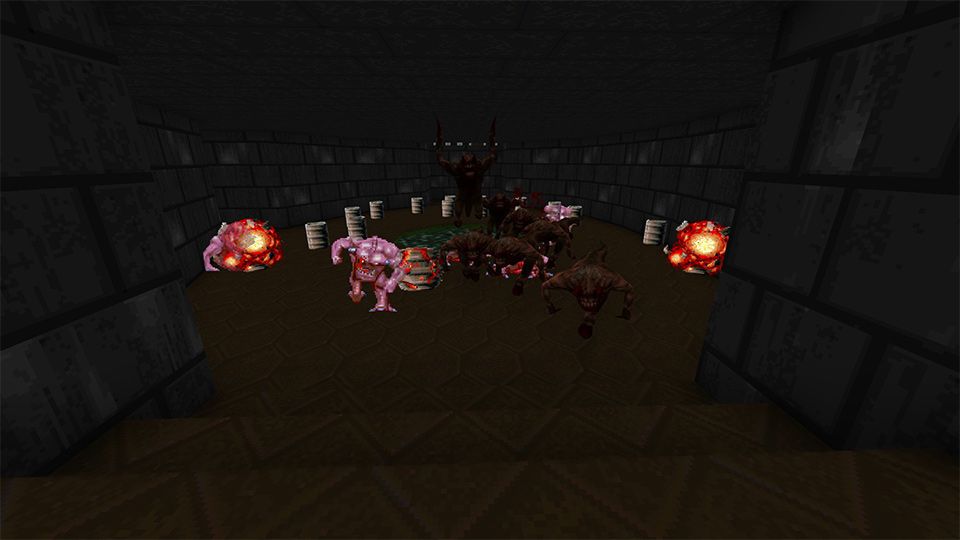 A dark room full of oncoming enemies.
