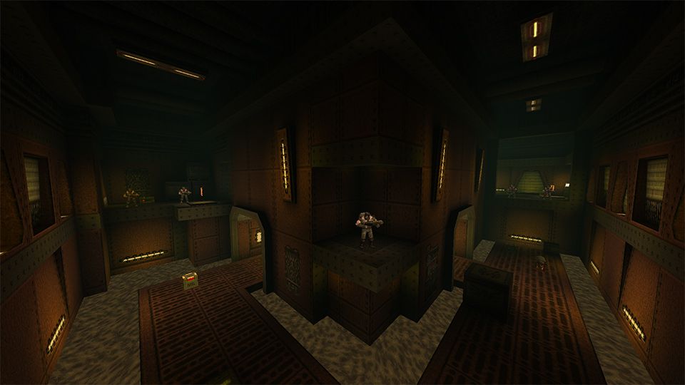 A dark industrial room with guards stationed at every corner.