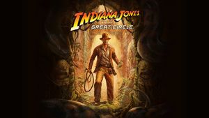 Visuel de la bande-annonce de gameplay d'Indiana Jones et le Cercle Ancien, Indy debout devant l'entrée d'une grotte, fouet à la main.