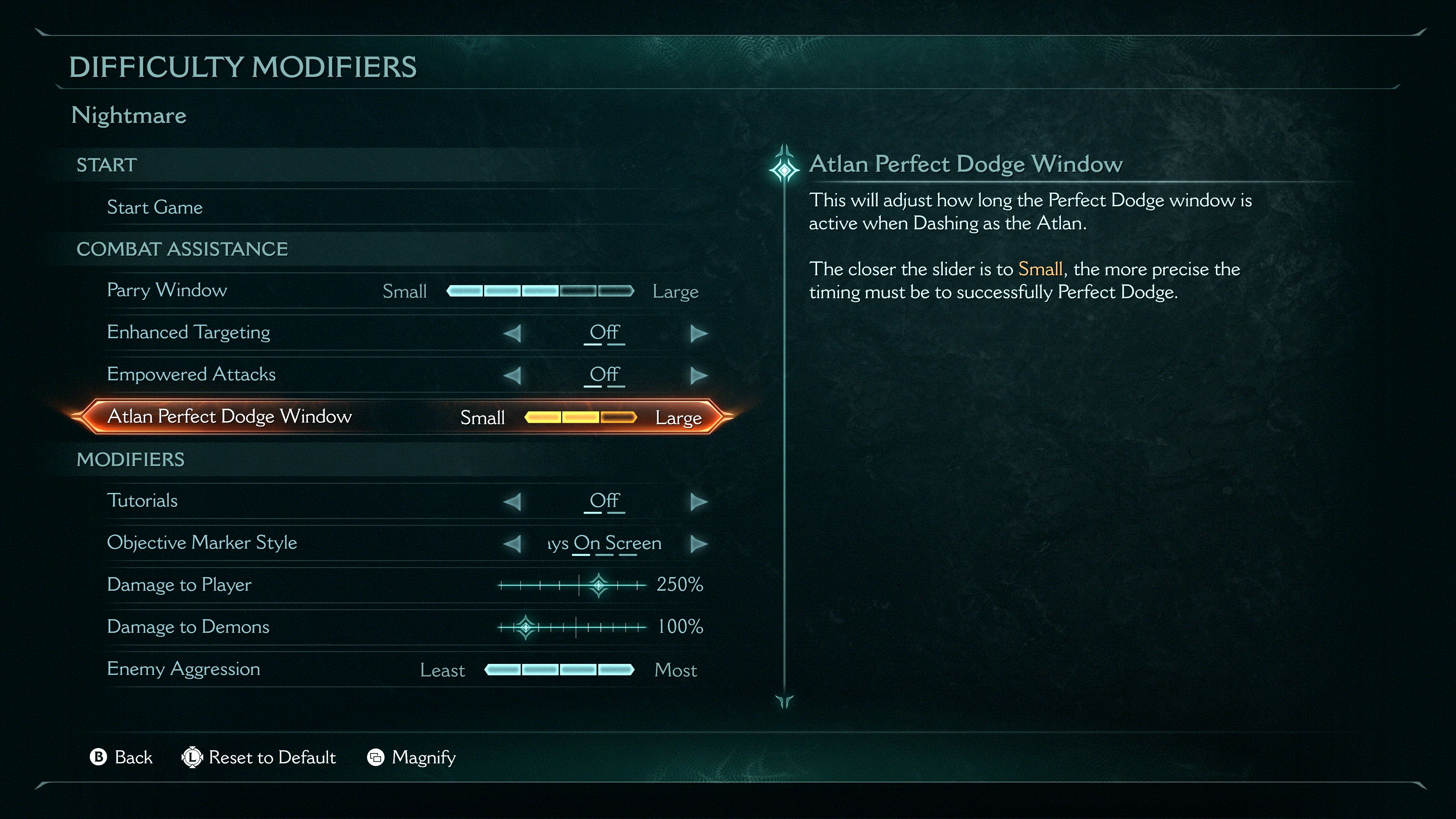 Image from DOOM: The Dark Ages in the Difficulty Modifiers menu showcasing the newly added Atlan Perfect Dodge Window submenu slider.