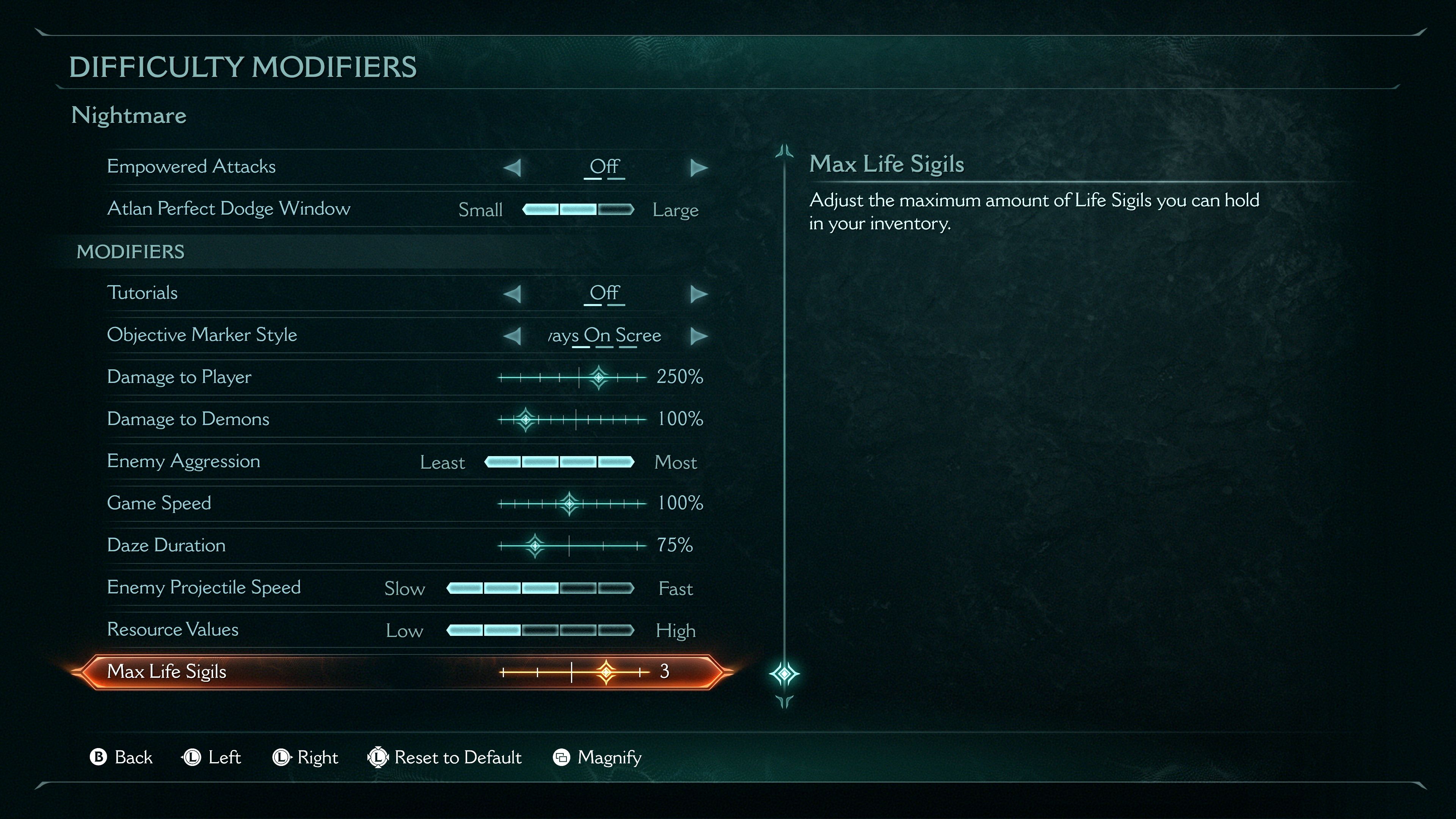 Image from DOOM: The Dark Ages in the Difficulty Modifiers menu showcasing the newly added Max Life Sigils submenu slider.