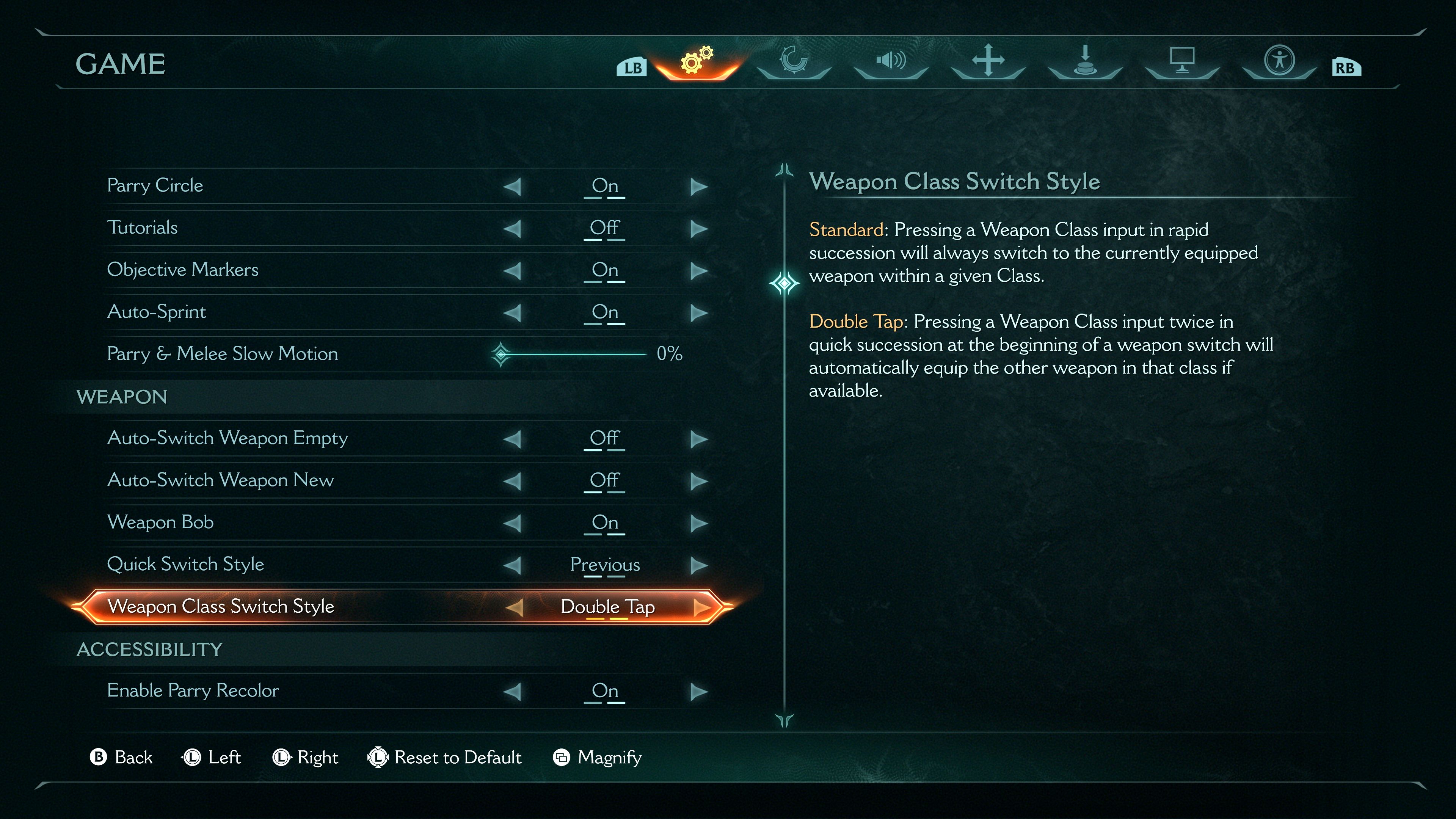 Image from DOOM: The Dark Ages in the Game Menu showcasing the new Weapon Class Switch Style submenu.