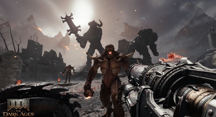 Le Slayer visant un ennemi qui s'approche alors qu'un grand démon maniant une épée se trouve en arrière-plan.