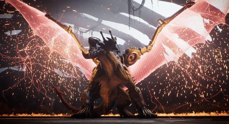 Le Slayer chevauchant un dragon rugissant aux ailes déployées.