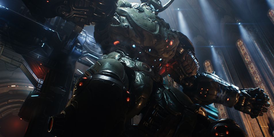 The building-sized Atlan mech imposes from above.