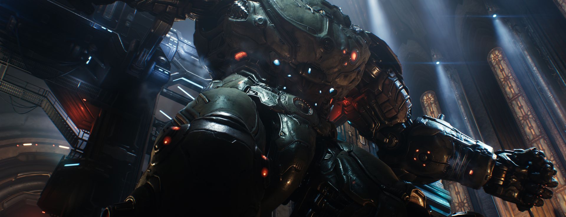 The building-sized Atlan mech imposes from above.