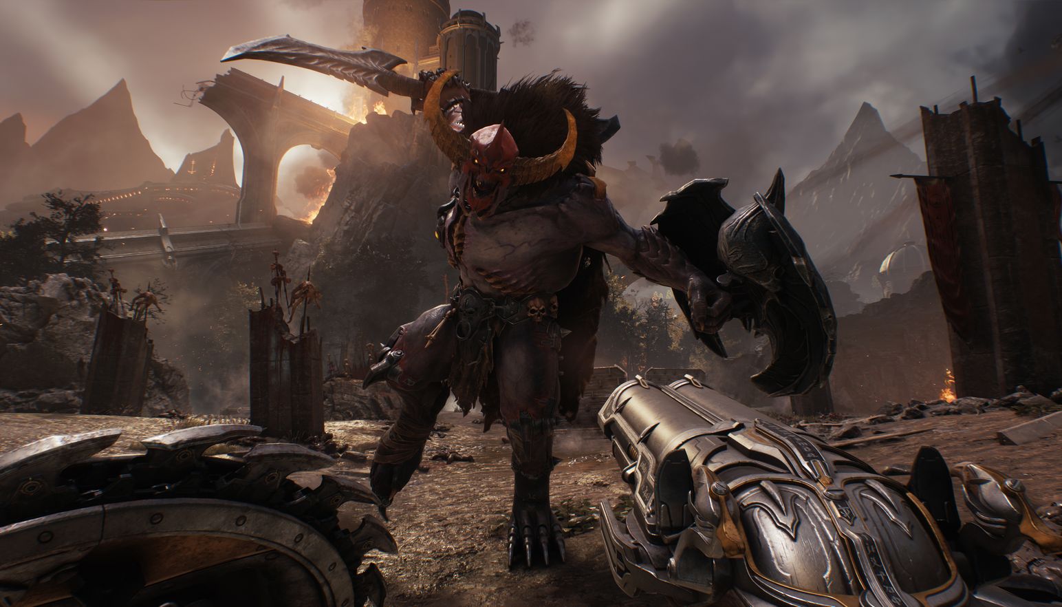 Super Shotgun and Shield Saw in hand, the player stands their ground against a charging demon.