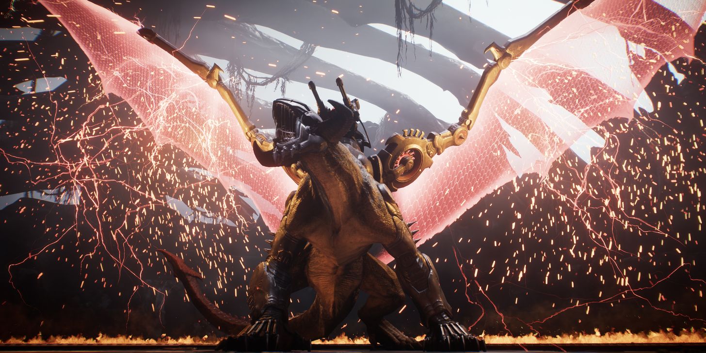 A vicious-looking dragon spreads its cybernetic wings and roars.