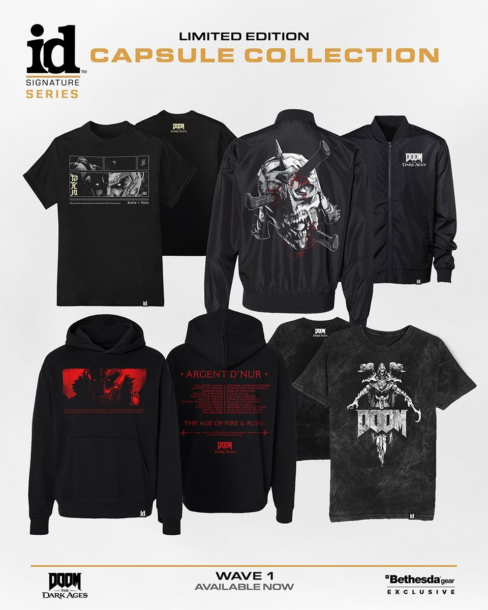 Lineup of DOOM: The Dark Ages-themed shirts and hoodies from id Software's Signature Series.