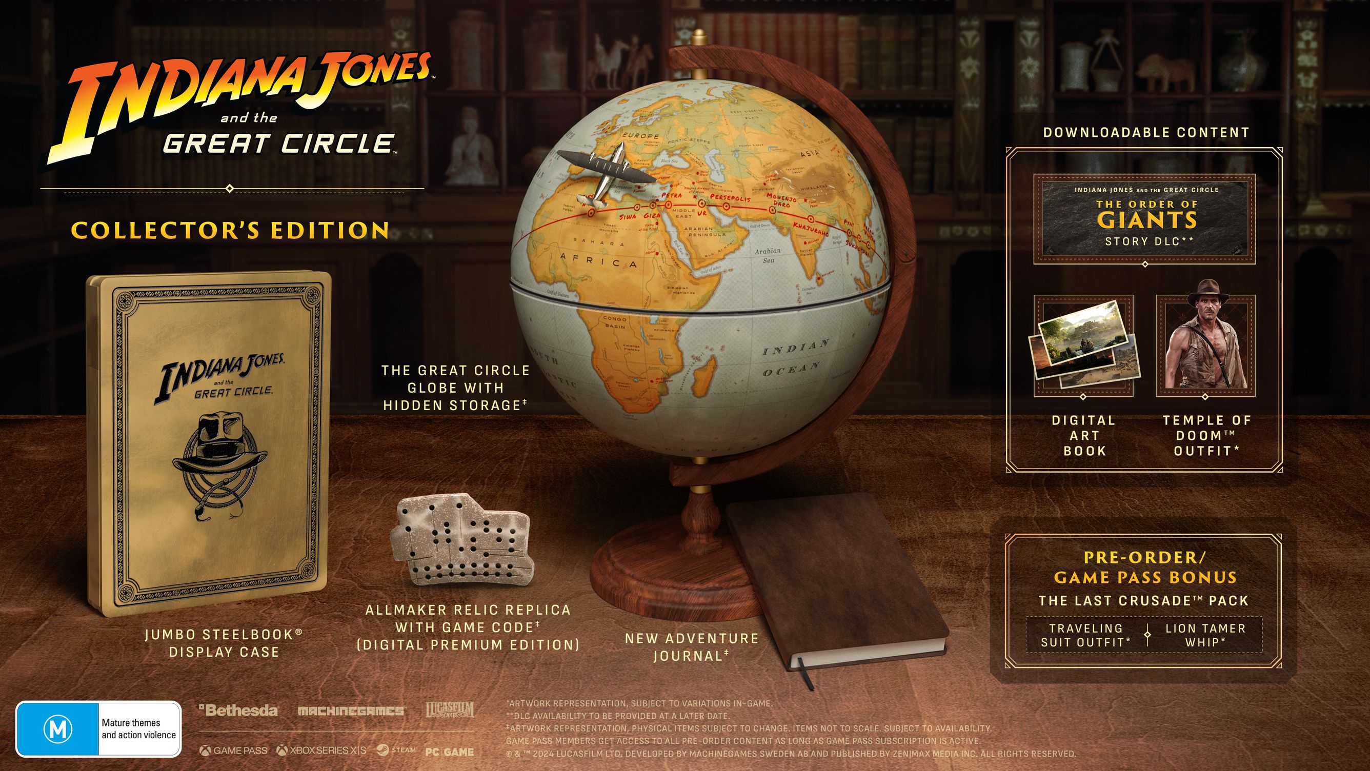 Collector's edition vanity art showing the Allmaker Relic Replica, The Great Circle Globe,
New Adventure Journal,
Jumbo SteelBook Case, The Order of Giants Story DLC, Digital Artbook, and Temple of Doom Outfit.