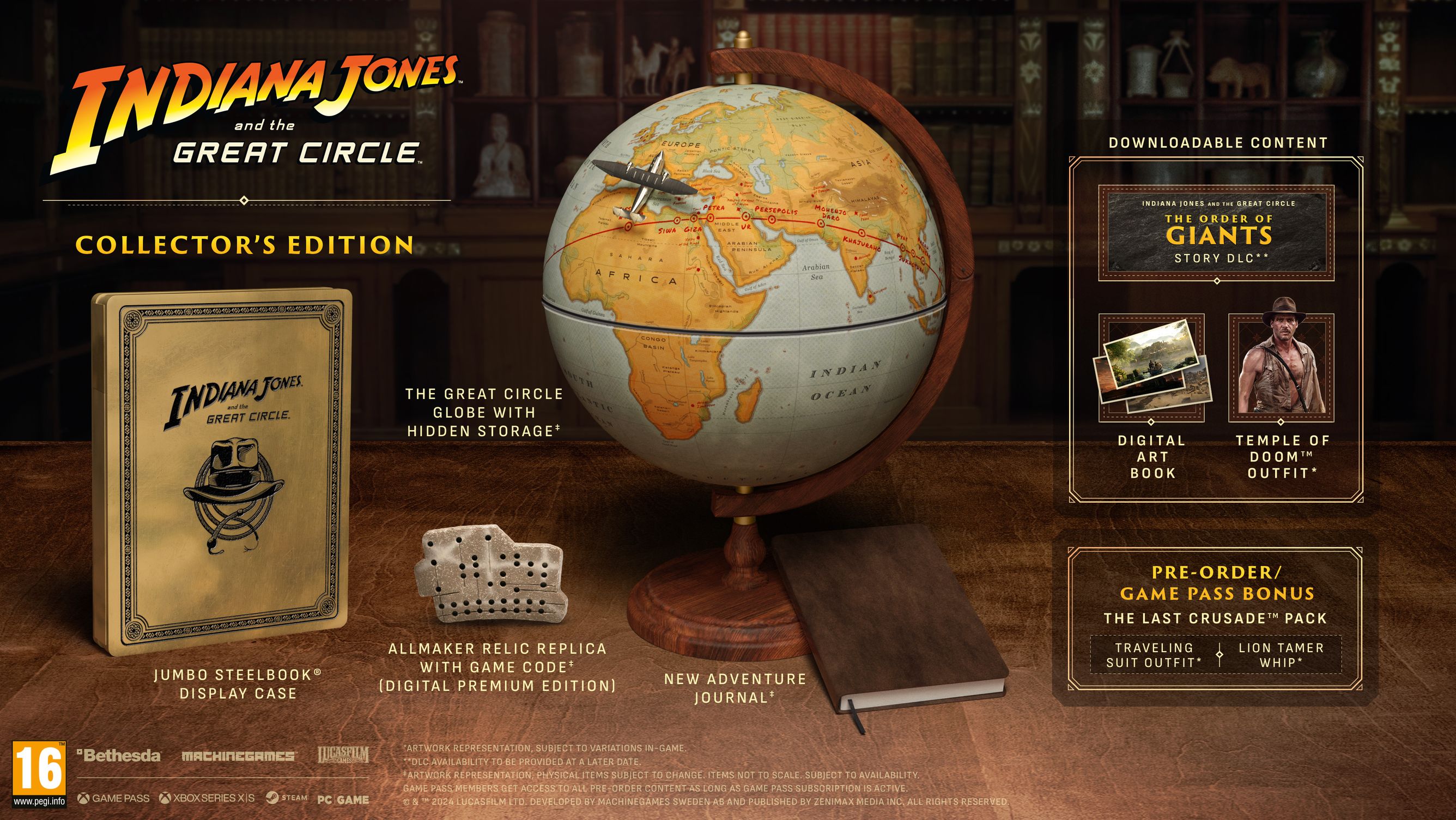 Collector's edition vanity art showing the Allmaker Relic Replica, The Great Circle Globe,
New Adventure Journal,
Jumbo SteelBook Case, The Order of Giants Story DLC, Digital Artbook, and Temple of Doom Outfit.
