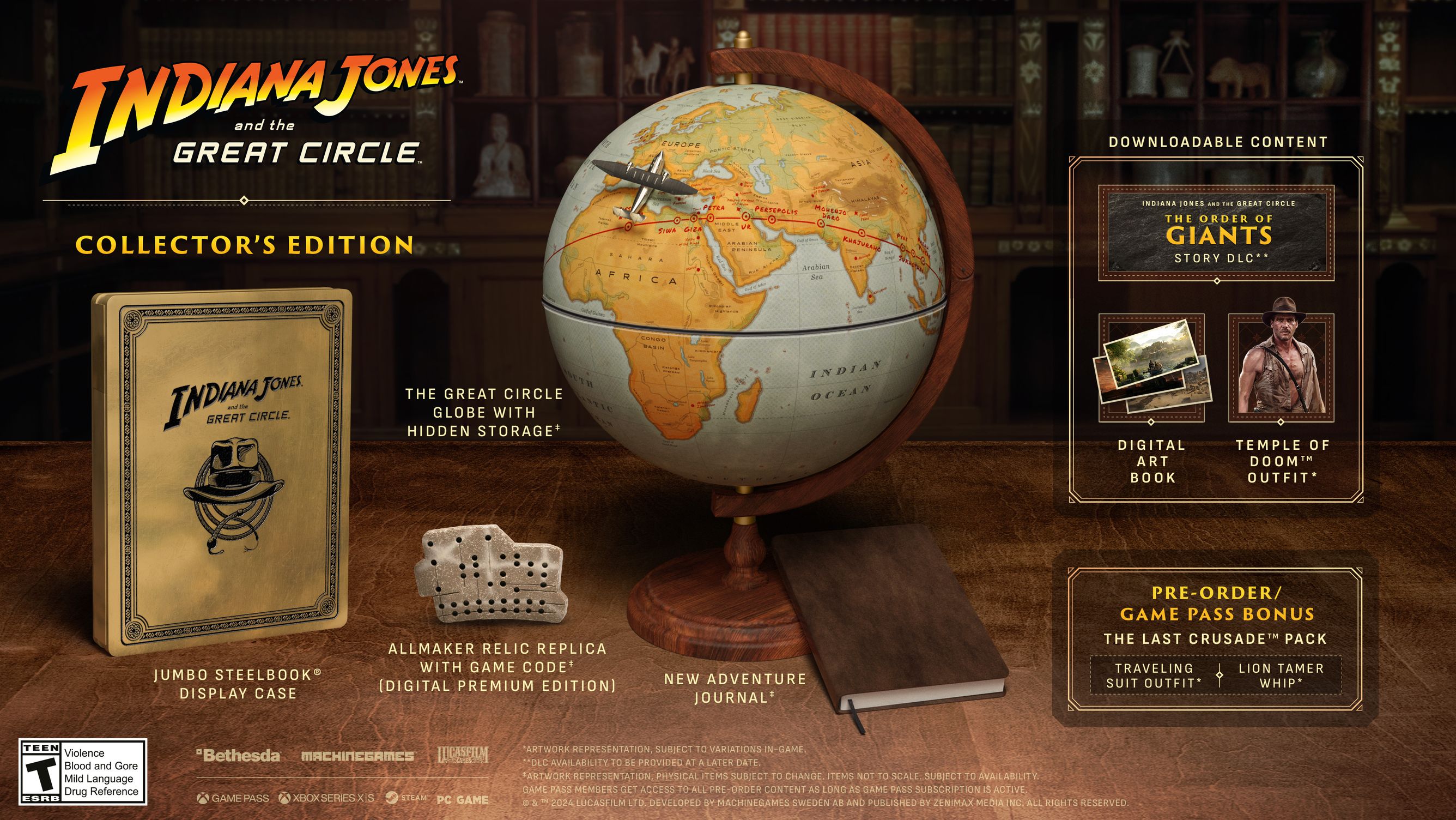 Collector's edition vanity art showing the Allmaker Relic Replica, The Great Circle Globe,
New Adventure Journal,
Jumbo SteelBook Case, The Order of Giants Story DLC, Digital Artbook, and Temple of Doom Outfit.