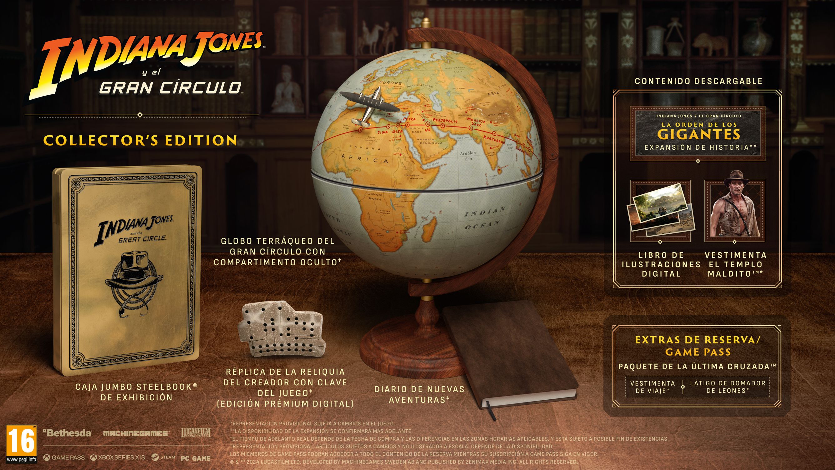 Ilustración del contenido de la Edición Coleccionista. Se muestra la réplica de la reliquia del Creador, el globo terráqueo del Gran Círculo,
el diario de nuevas aventuras,
el estuche Jumbo SteelBook, la expansión de historia La Orden de los Gigantes, el libro de ilustraciones digital y la vestimenta El templo maldito.