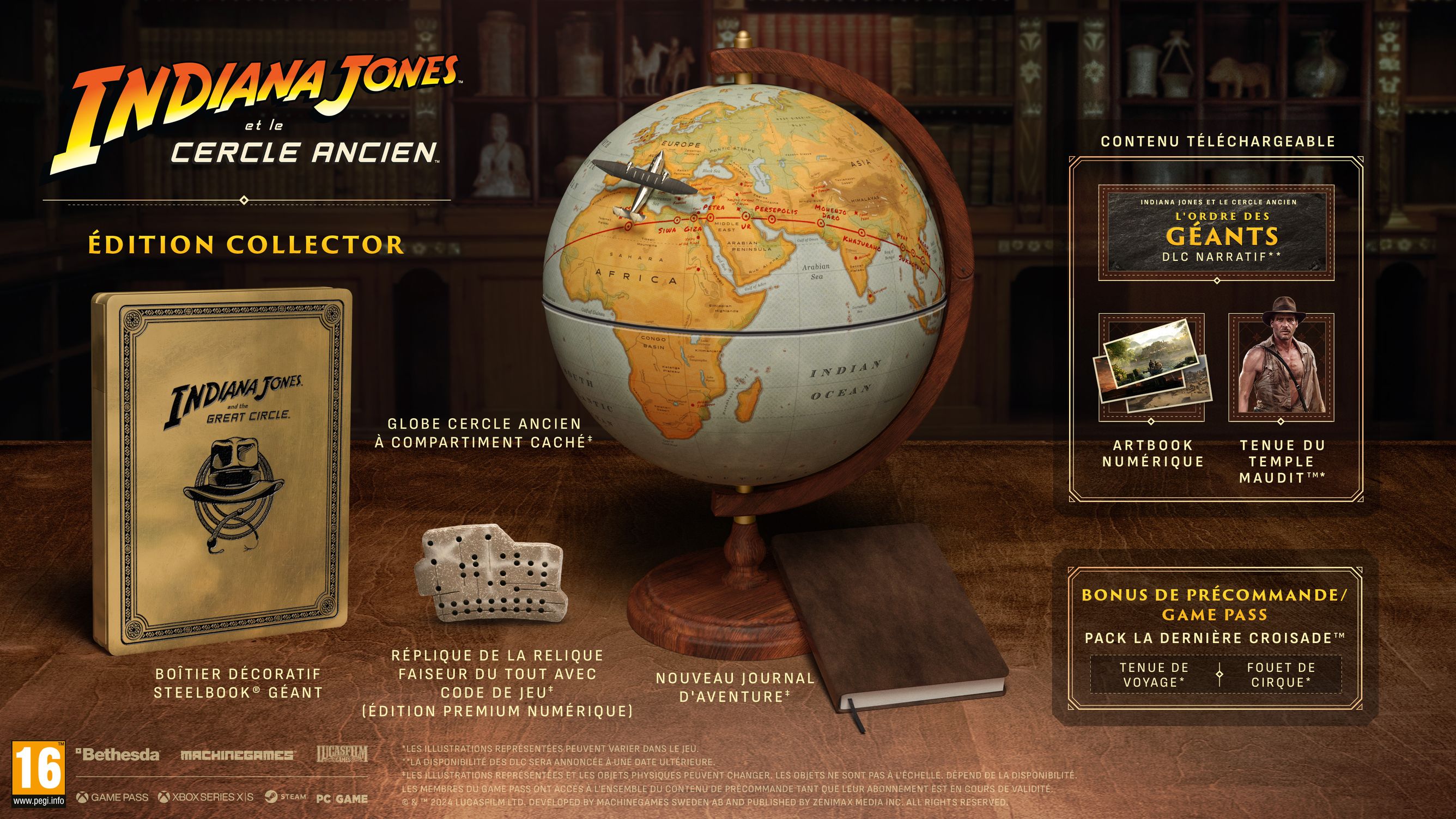 Illustration de l'Édition Collector comprenant la réplique de la relique Faiseur du tout, le globe Cercle Ancien,
le nouveau journal d'aventure,
l'étui SteelBook géant, le DLC narratif L'Ordre des Géants, l'artbook numérique et la tenue du Temple maudit.