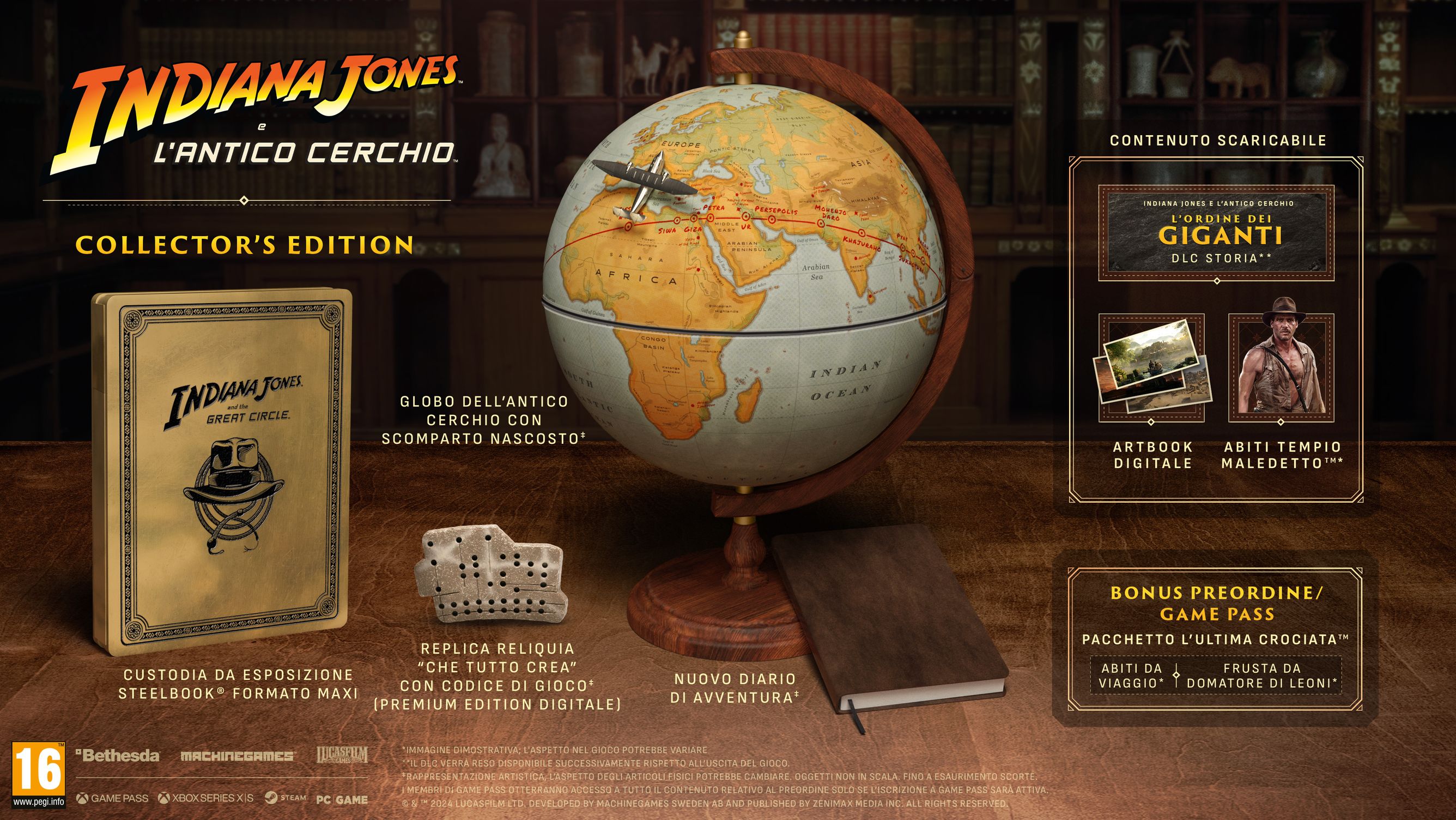 Illustrazione della Collector's Edition che mostra la replica della reliquia "Che tutto crea", il globo dell'antico Cerchio,
il diario delle nuove avventure,
la custodia SteelBook formato maxi, il DLC L'Ordine dei Giganti, l'artbook digitale e gli abiti Tempio maledetto.