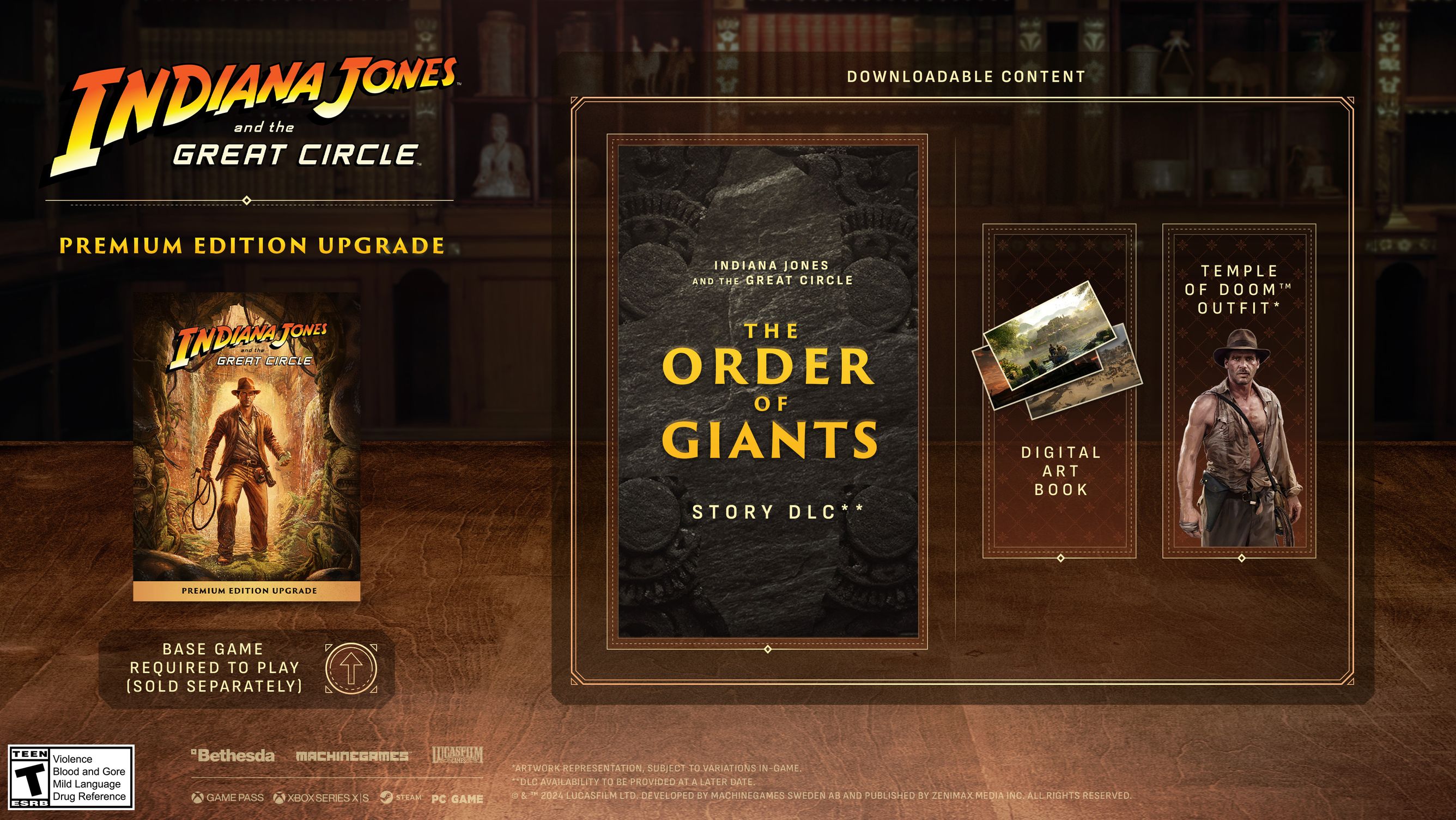 Premium edition upgrade vanity art showing The Order of the Giants DLC, digital art book, and Temple of Doom outfit.