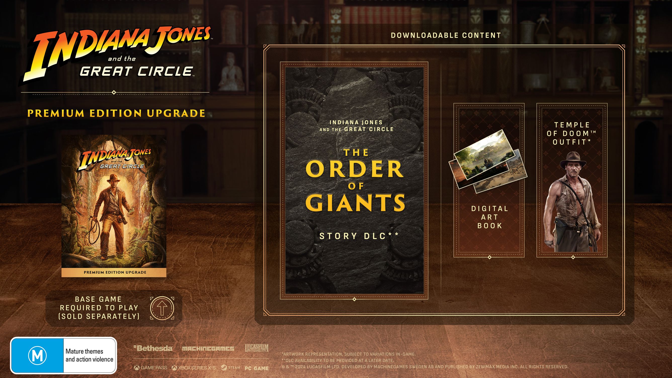 Premium edition upgrade vanity art showing The Order of the Giants DLC, digital art book, and Temple of Doom outfit.