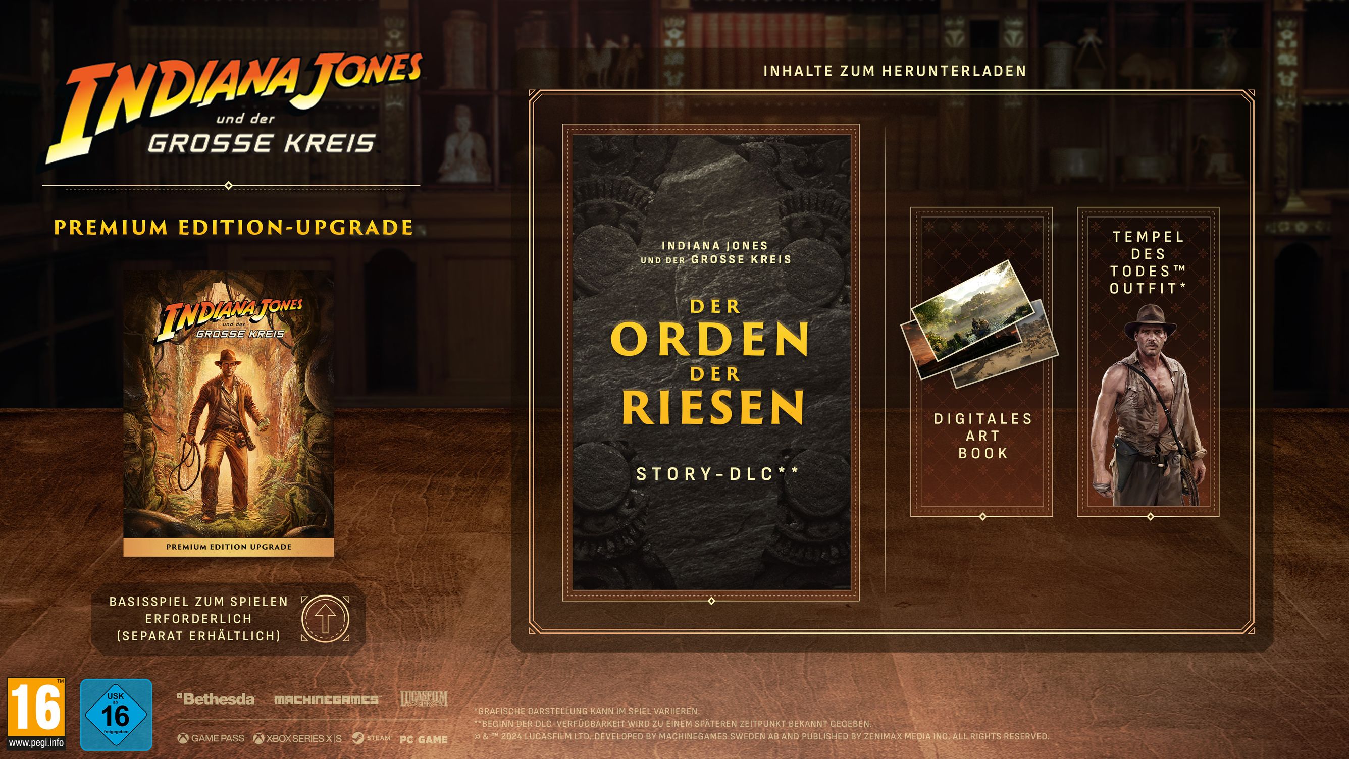 Werbebilder des Premium Edition-Upgrade, die den DLC „Der Orden der Riesen“, das digitale Artbook und das „Tempel des Todes™“-Outfit zeigen.