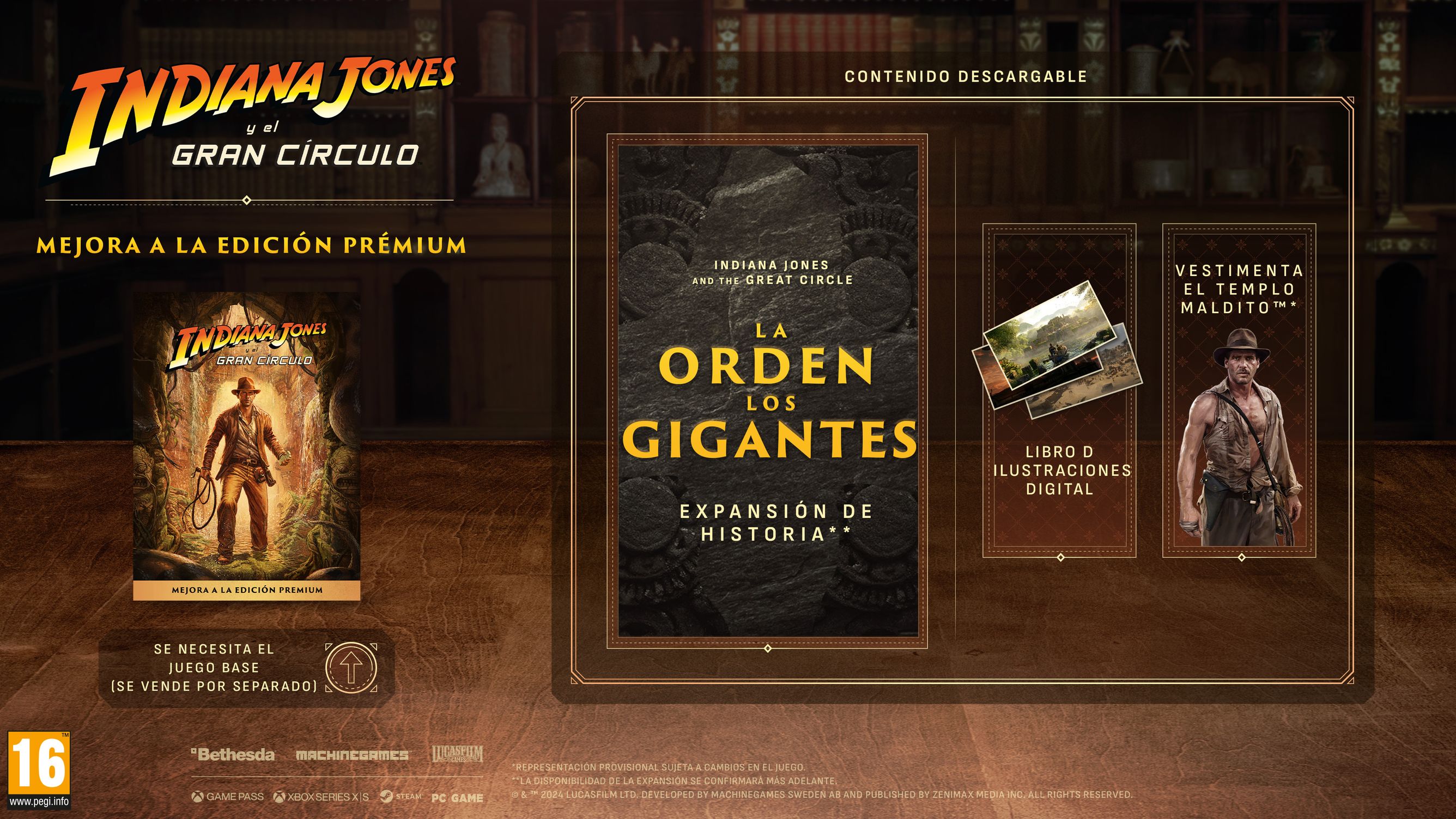 Ilustración del contenido de la Mejora a la Edición Prémium. Se muestra la expansión de historia La Orden de los Gigantes, el libro de ilustraciones digital y la vestimenta El templo maldito.