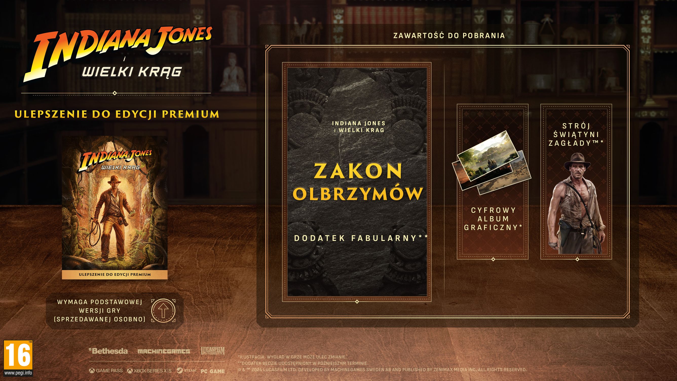 Grafika przedstawiająca zawartość Ulepszenia do Edycji Premium: dodatek Zakon Olbrzymów, cyfrowy album graficzny i strój Świątyni Zagłady.