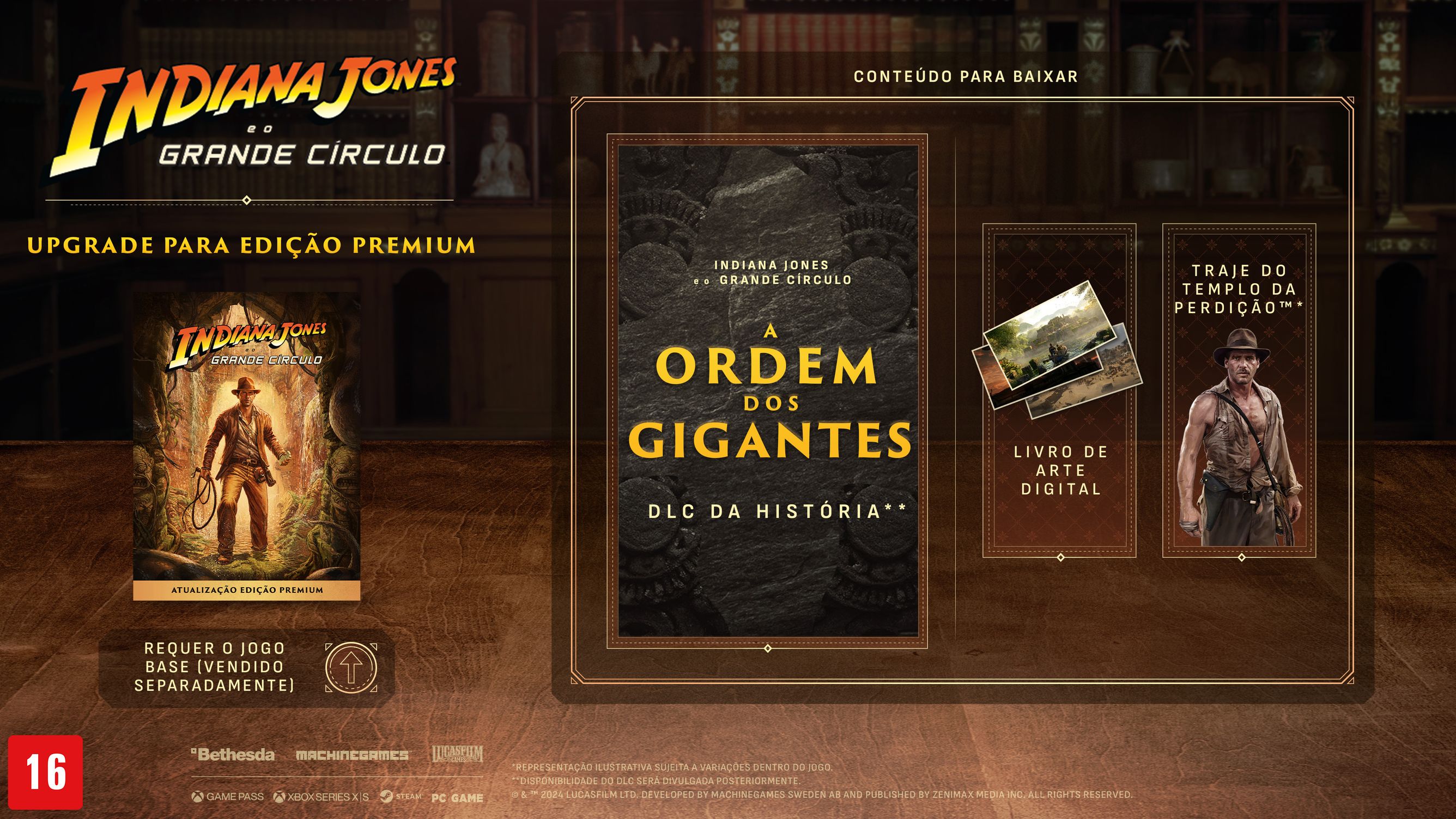 Arte de edição premium mostrando o DLC A Ordem dos Gigantes, livro de arte digital e traje Templo da Perdição.