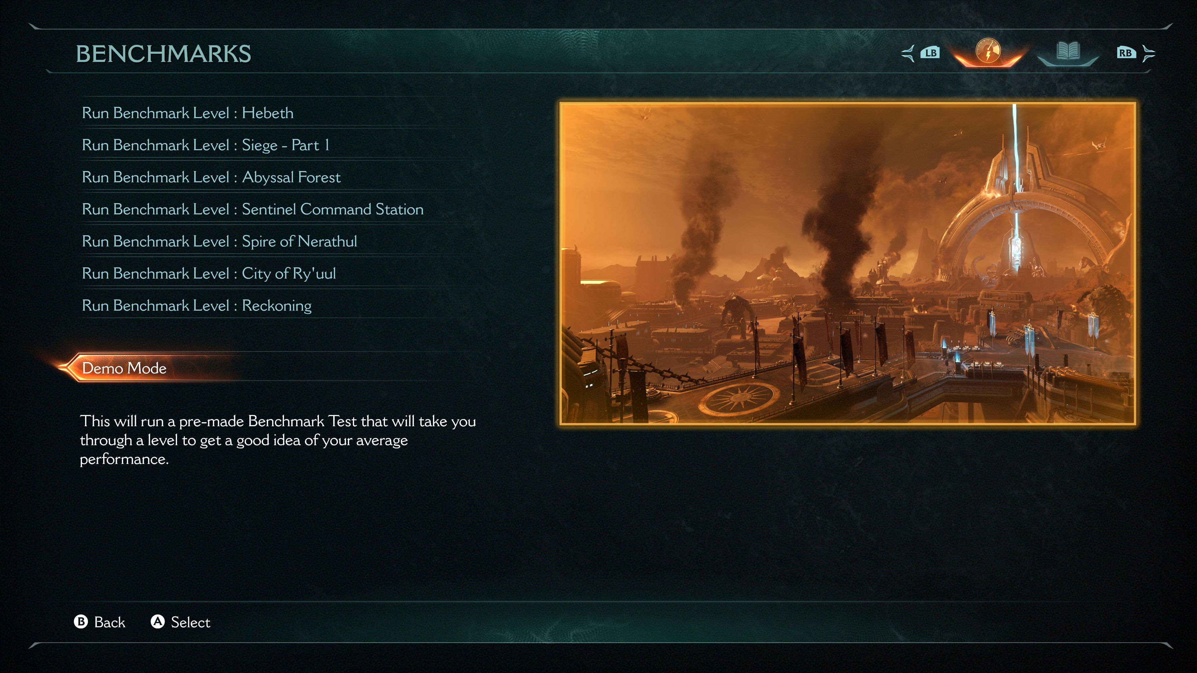 Image from DOOM: The Dark Ages showing the new Demo Mode in the Benchmarks menu.