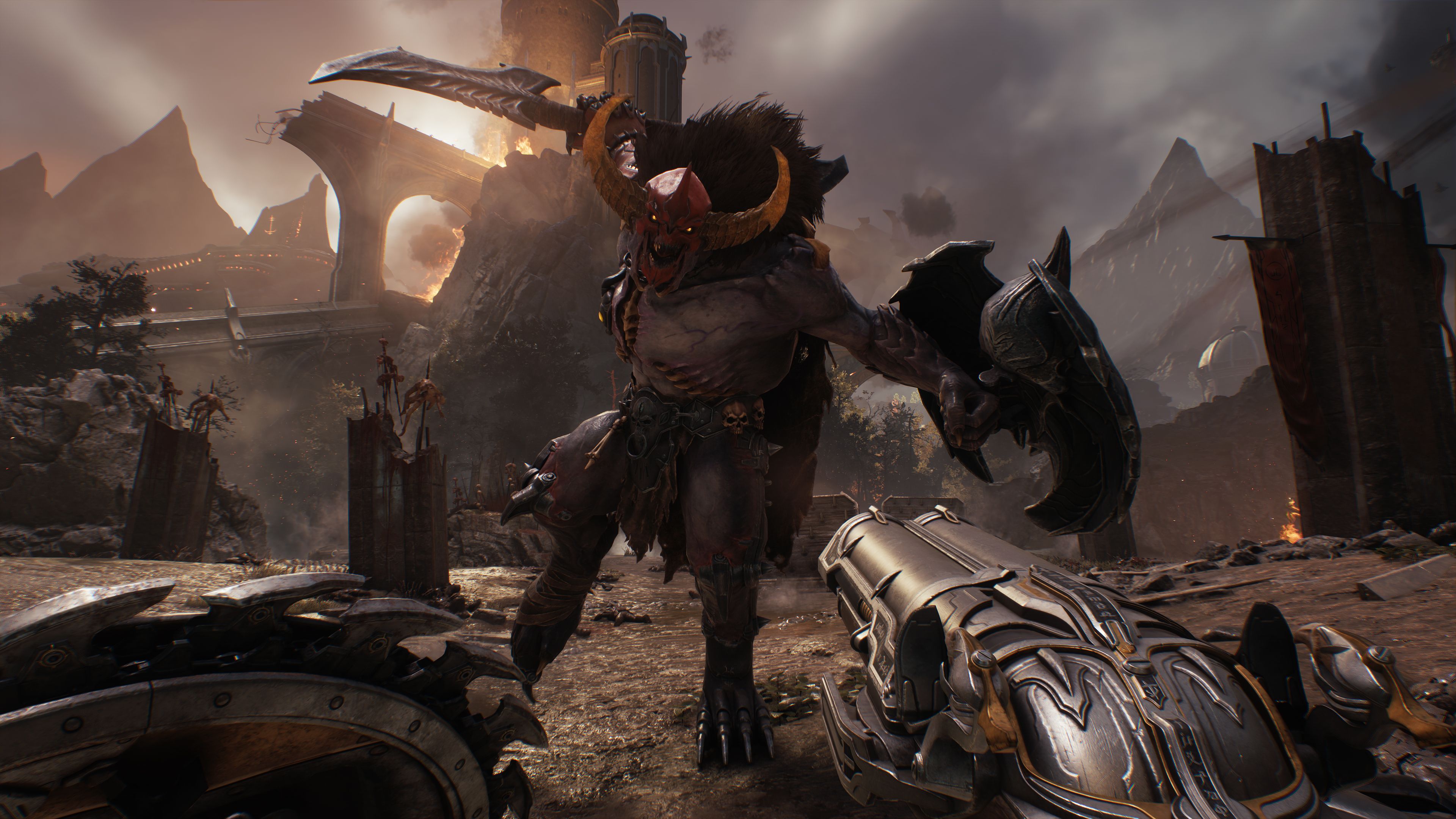 Super Shotgun and Shield Saw in hand, the player stands their ground against a charging demon.